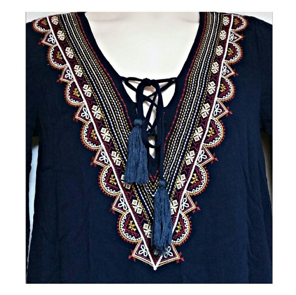 Embroidered Boho Tunic Size Small Navy - Picture 2 of 4